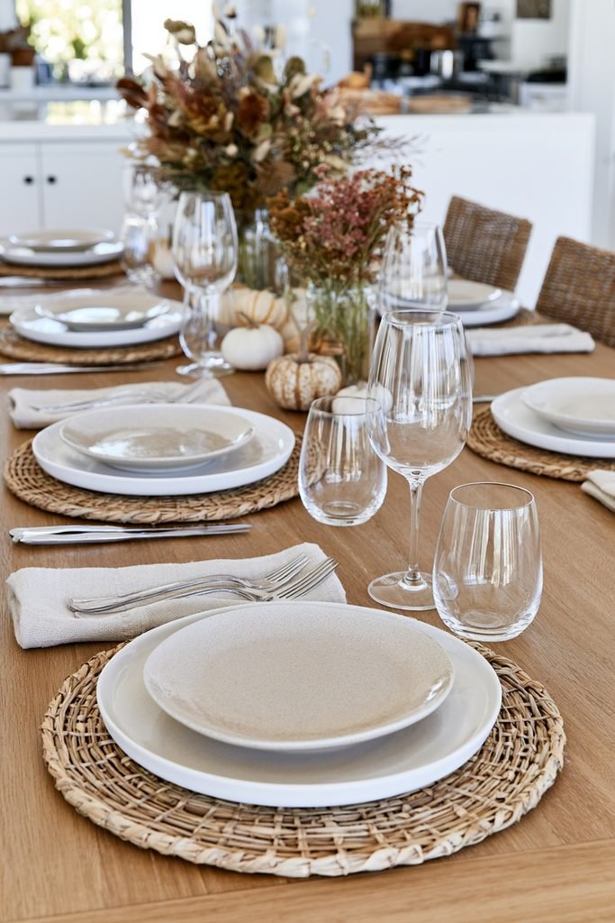 Organic fall tablescape with natural twig and rattan chargers, linen napkins, ceramic plates and dried autumn florals.