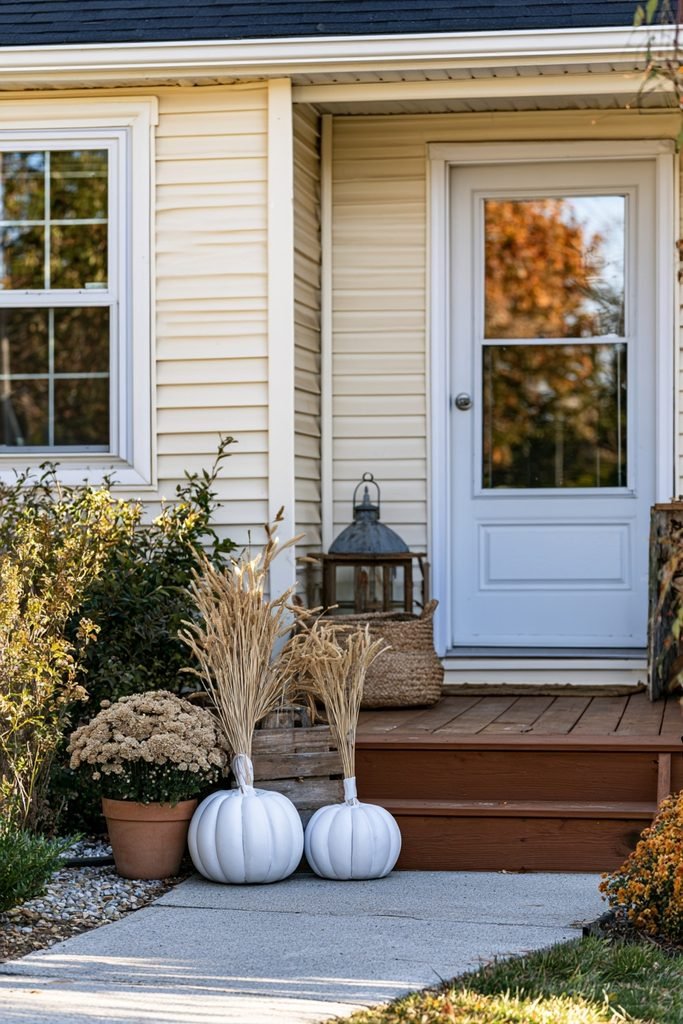 Handmade white DIY pumpkin craft decorating a cozy fall front porch with dried wheat, beige mums, and a vintage lantern.
