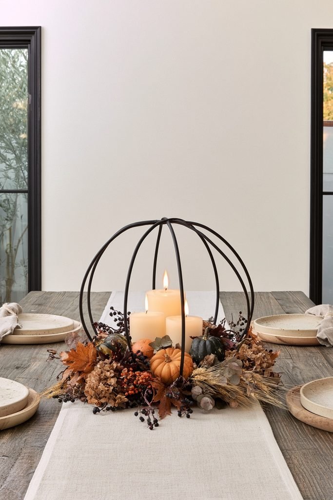 Hollow gold metal pumpkin candle holder glowing on a fall dining table