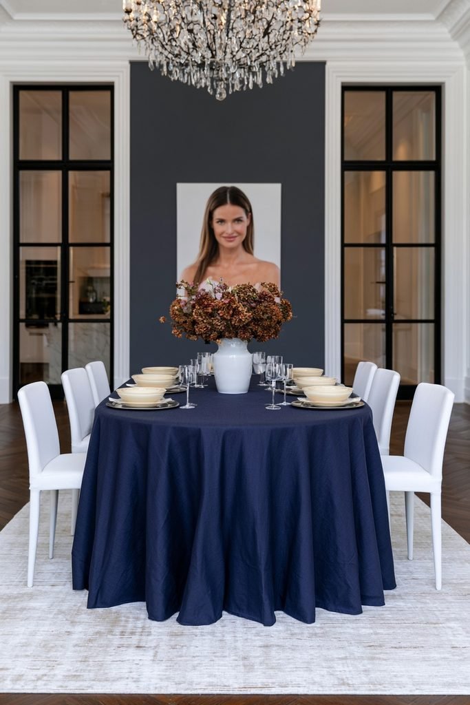 Navy tablecloth anchoring a dining table with cream china and a metallic charger