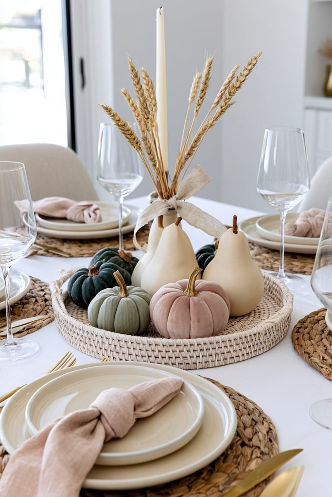 Soft pastel fall tray decor with blush ceramic apples, sage green gourds, cream pears, and dried wheat.