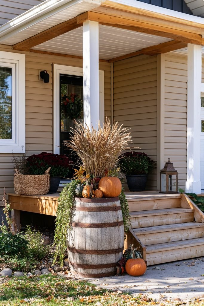 Rustic wine barrel fall display with heirloom pumpkins, gourds, dried grasses, greenery, mums, and a vintage lantern.