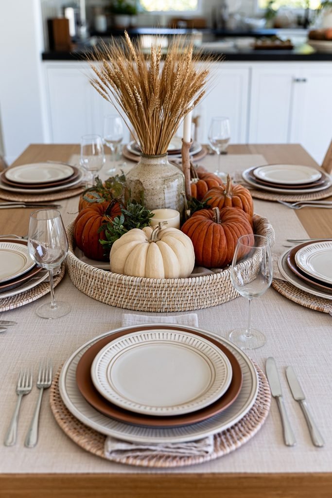Woven rattan tray styled with coffee pot, patterned mugs, croissants, and dried fall leaves for a cozy autumn breakfast table.