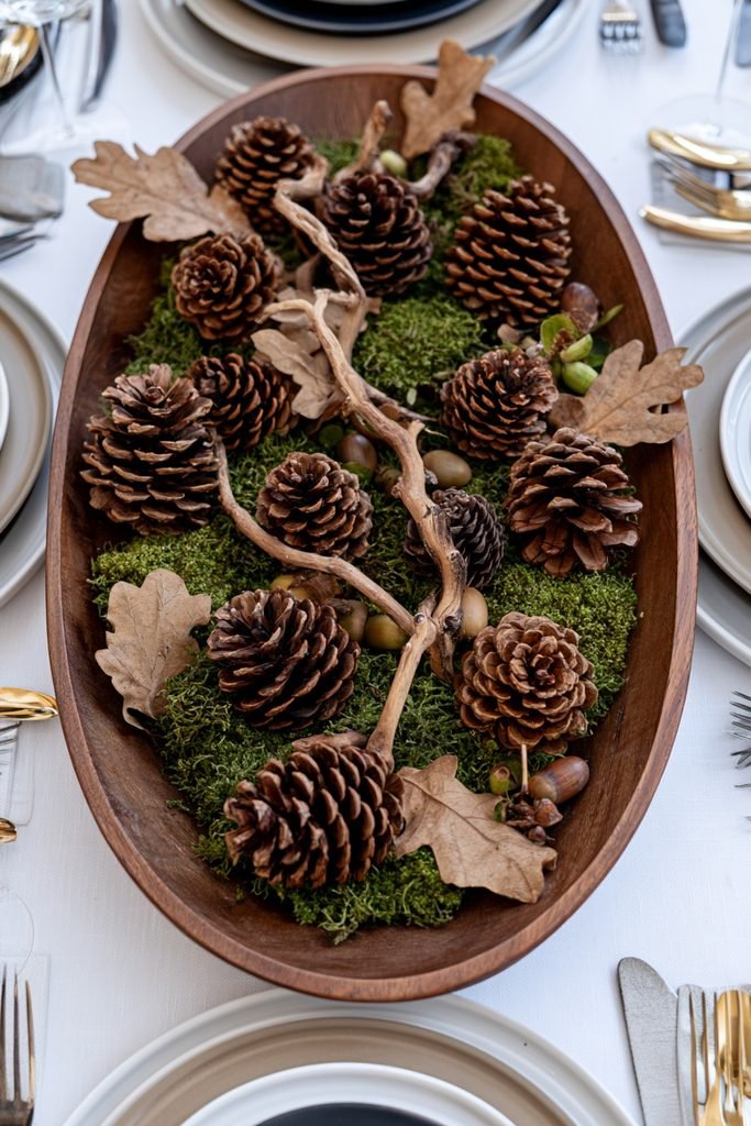 Rustic fall tray filled with pinecones, walnuts, dried moss, and oak leaves for a natural woodland centerpiece.