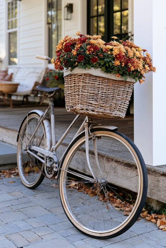 Vintage bicycle basket filled with colorful chrysanthemums for a charming rustic fall porch display