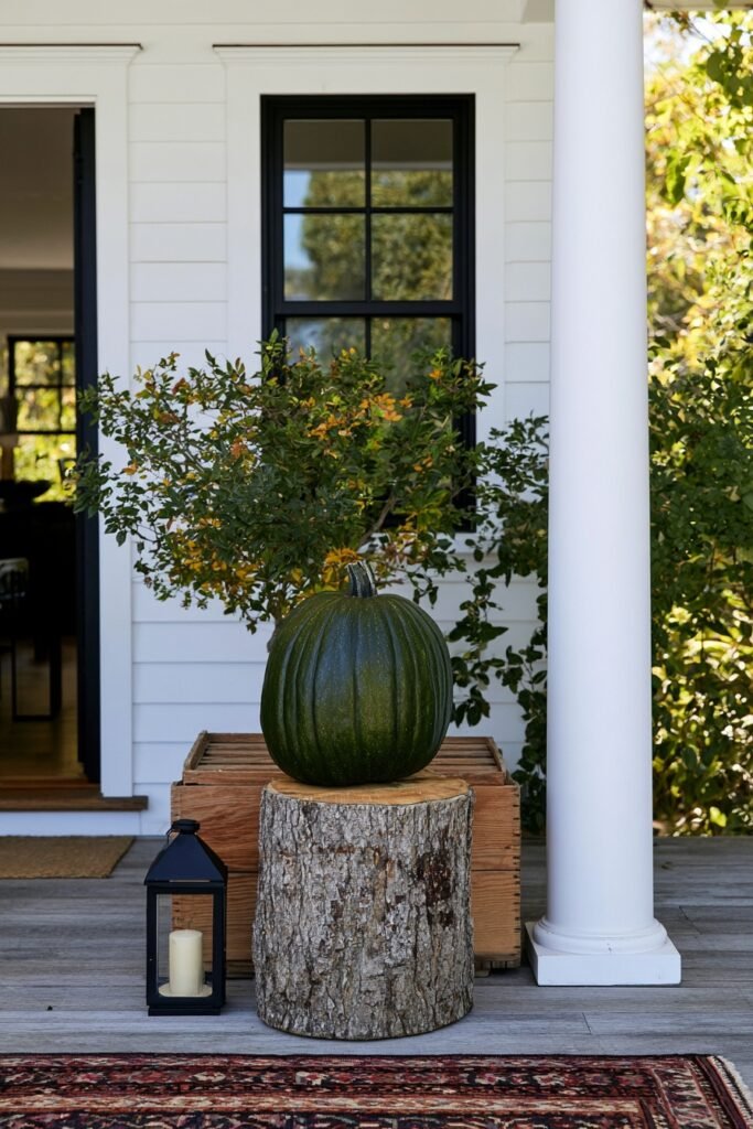 Tree stump used as a rustic pedestal for a fall pumpkin