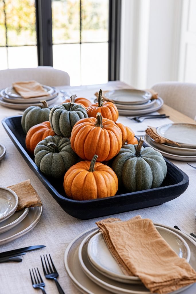 Modern black dough bowl filled with orange and sage green pumpkins as a stylish fall table centerpiece.