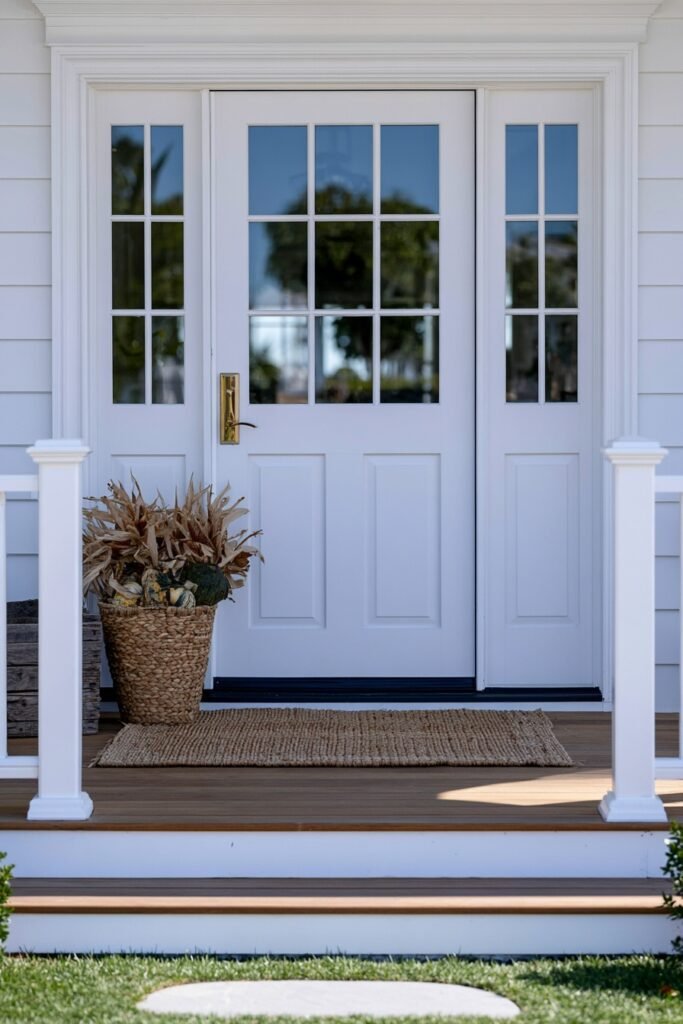 Farmhouse fall porch basket filled with dried corn husks and small gourds by the front door