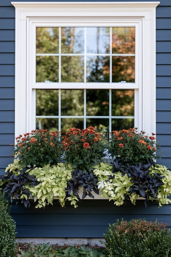 Purple sweet potato vine spilling around orange and rust mums in a window box