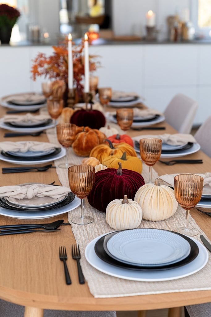Cozy fall dining table decorated with velvet pumpkins, a textured table runner, candles and elegant autumn place settings.