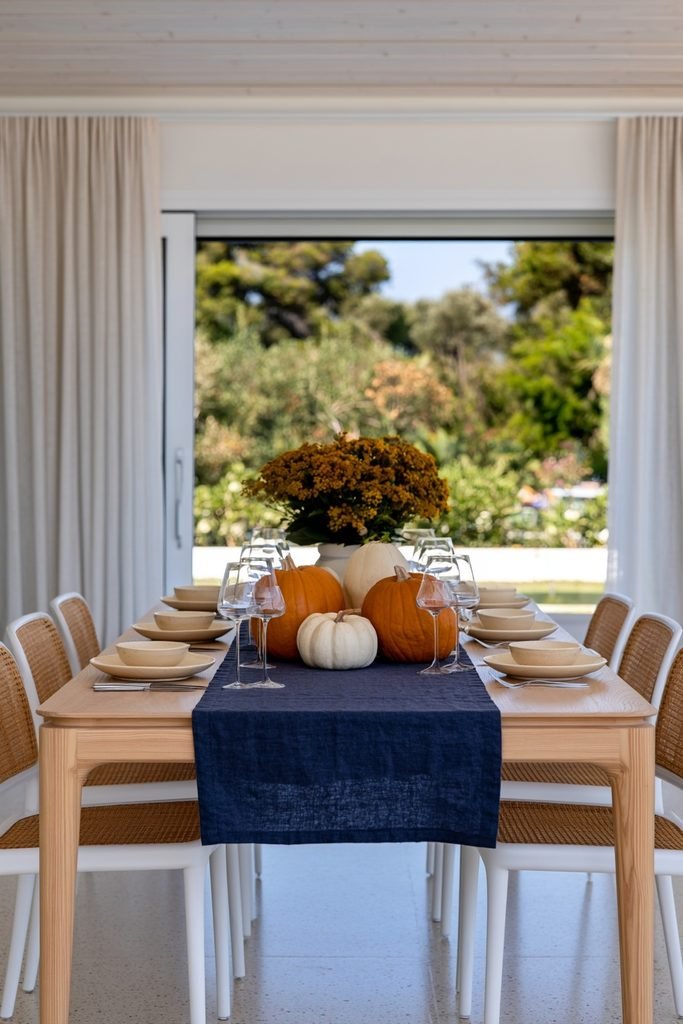 White and burnt orange pumpkins arranged on a dusty blue linen table runner