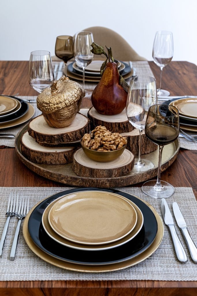 Rustic fall tray using natural wood slices as risers for ceramic acorns, a brass walnut bowl, and autumn pear decor.