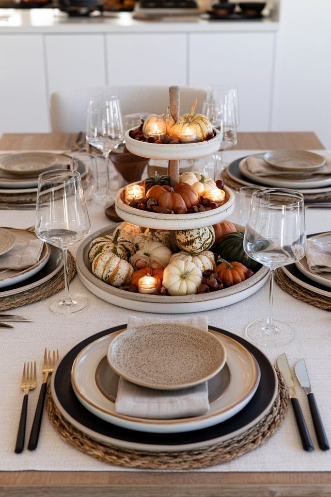 Fall dining table centerpiece featuring a tiered tray filled with mini pumpkins, candles and decorative acorns.