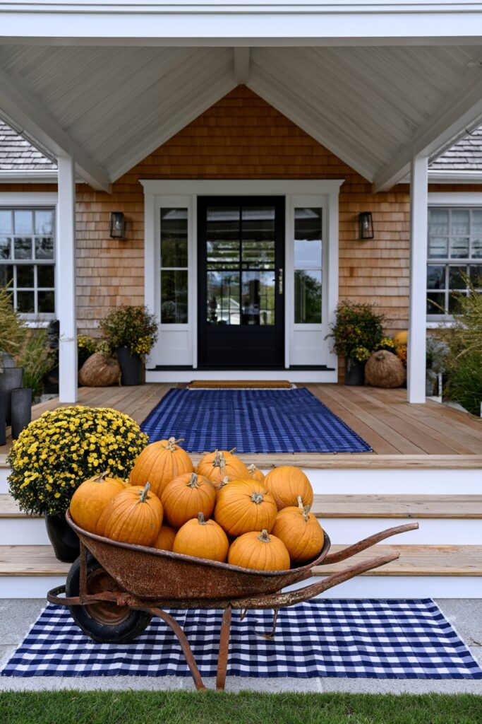 Vintage wheelbarrow filled with pumpkins on a front porch