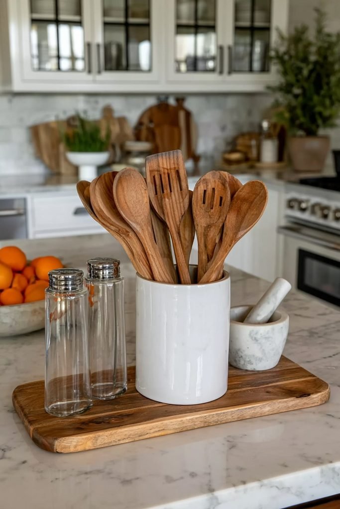 Stoneware utensil crock with wooden spoons on a modern kitchen counter