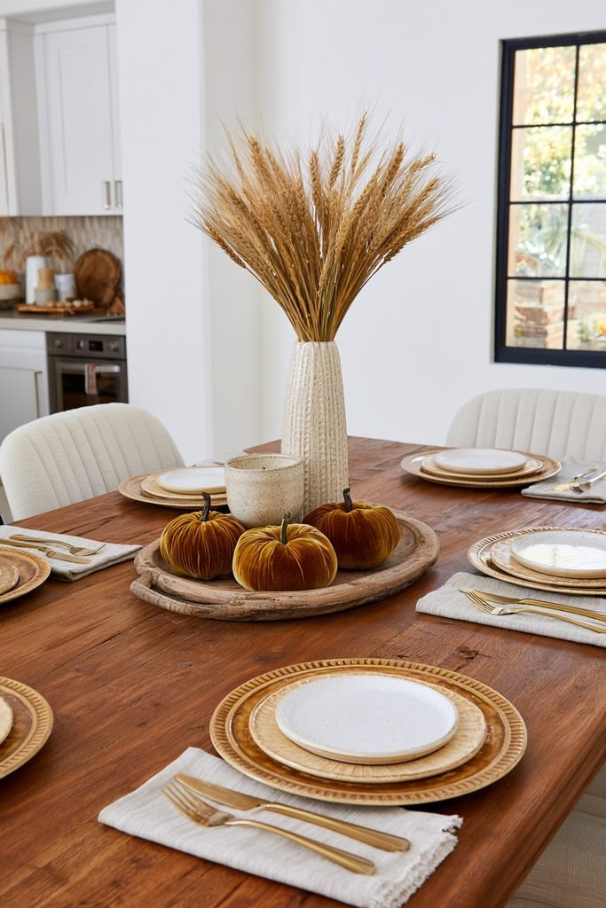 Fall dining table tray with a tall brass candlestick, medium ceramic apple, and low autumn leaves and acorns.