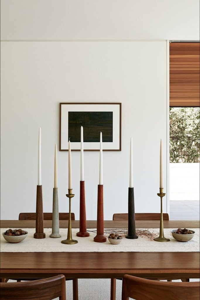 Wood, ceramic, and brass taper candle holders at varying heights on a fall dining table