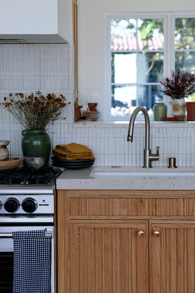 Rust, amber, and burnt orange ceramic decor styled on a modern kitchen counter for fall