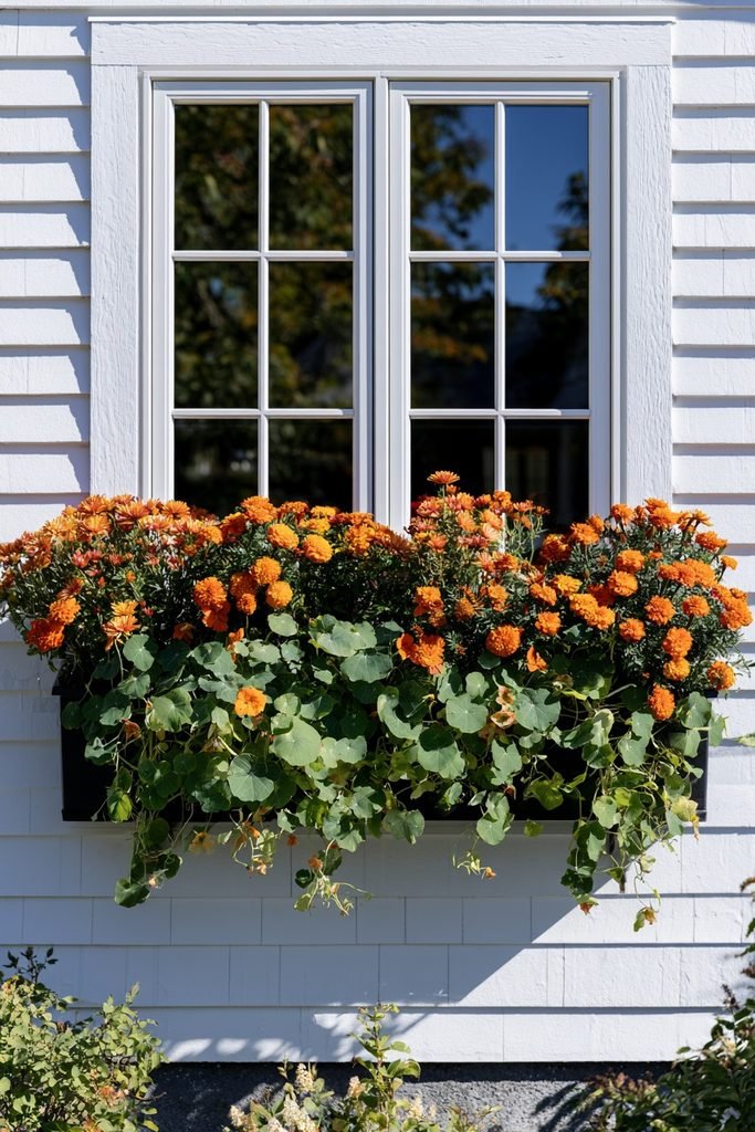 Trailing nasturtium woven through mums and marigolds in a window box