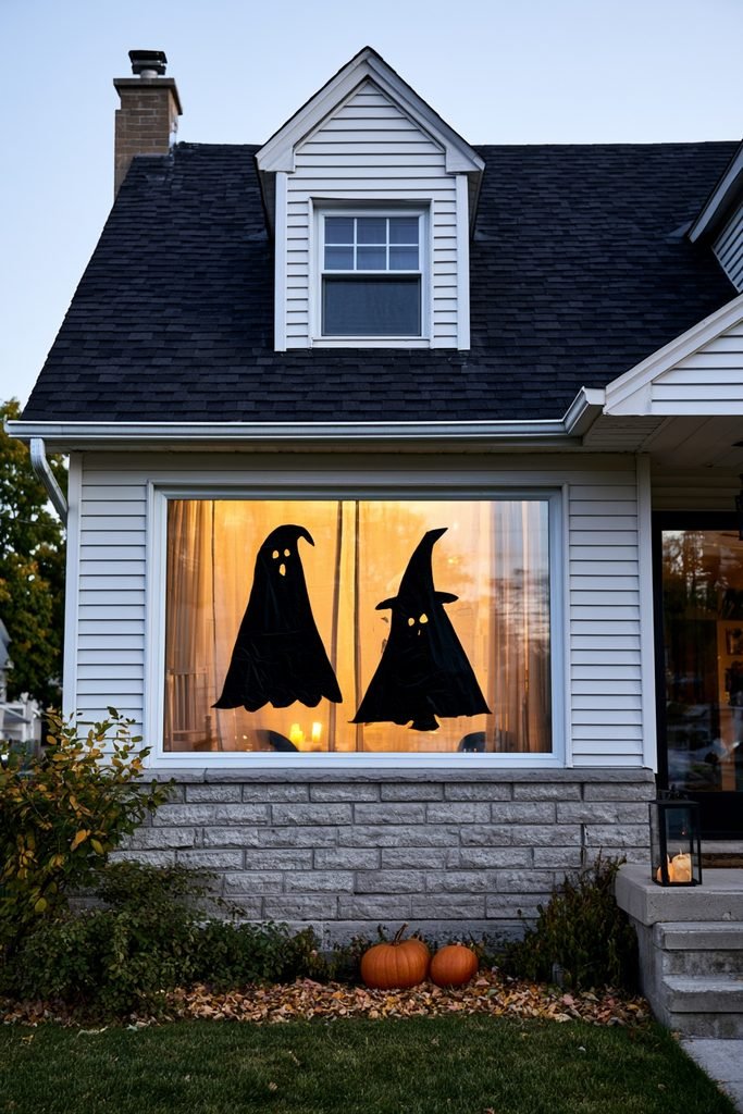 Black paper ghost and witch silhouettes displayed inside a warmly lit front window for Halloween.