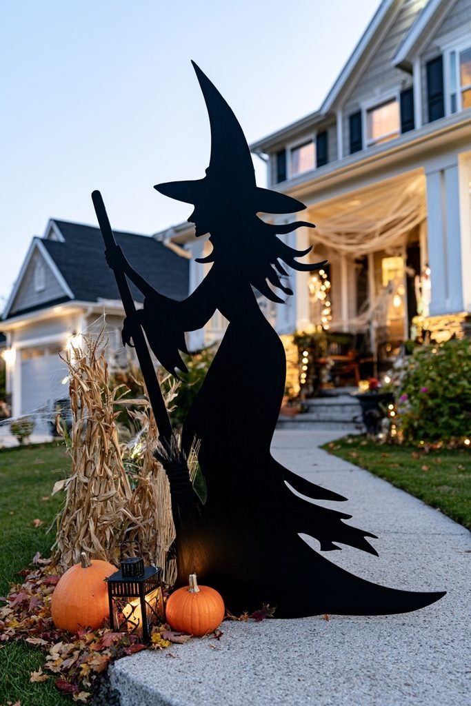 Large black DIY witch silhouette cutout displayed beside a Halloween-decorated front walkway.