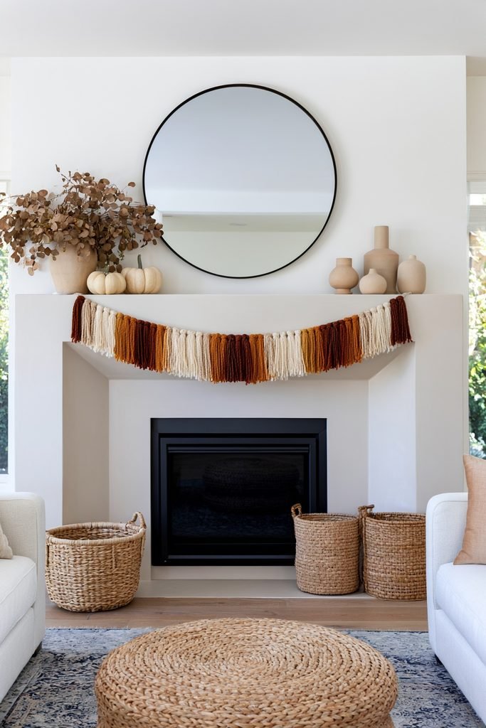 Modern floating fireplace mantel decorated with a colorful fall yarn tassel garland, neutral pumpkins, eucalyptus, and rattan baskets.
