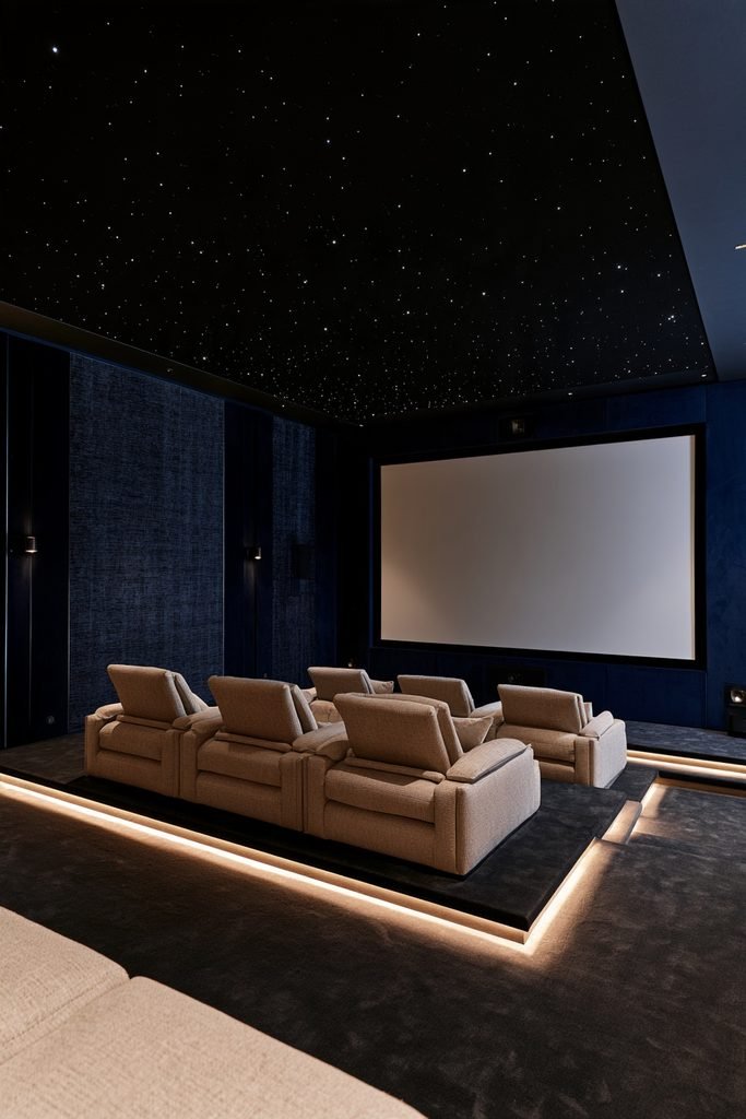 Home cinema with fiber optic star ceiling, dark walls, and rows of theater seats facing the screen