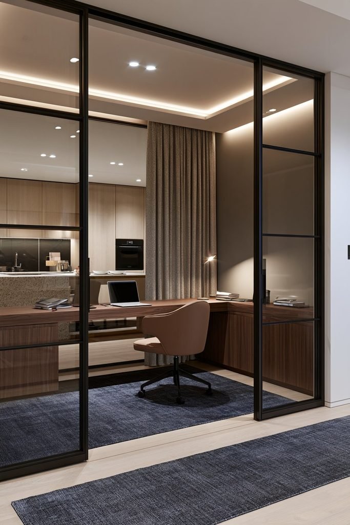 Modern home office beside a kitchen with sound-reducing black Crittall acoustic glass doors