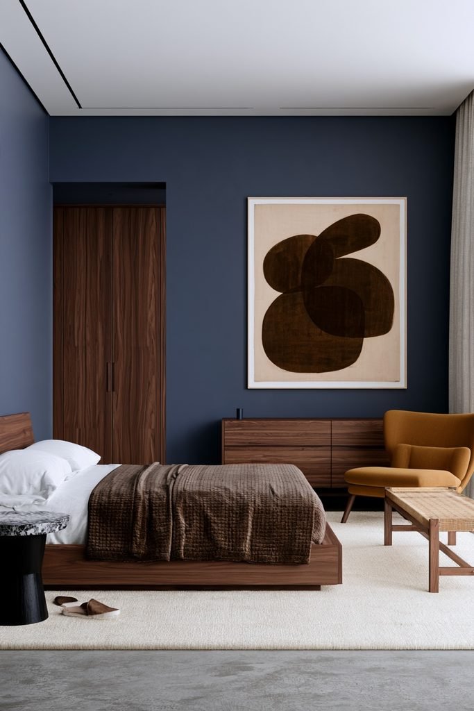 Scandinavian bedroom with muted abstract wall art above an oak bed, warm gray walls, linen bedding, and wood flooring