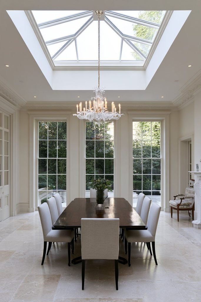 Formal orangery dining room with chandelier-style lighting beneath a central roof lantern.