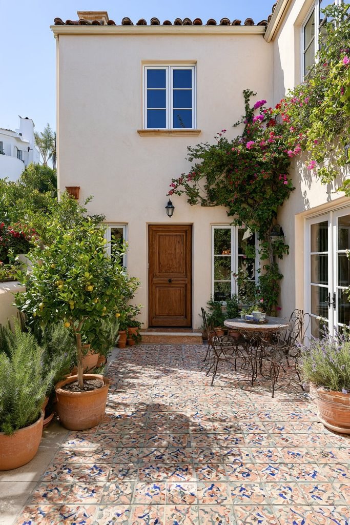 Spanish-style family house courtyard with colorful patterned tiles and Mediterranean plants