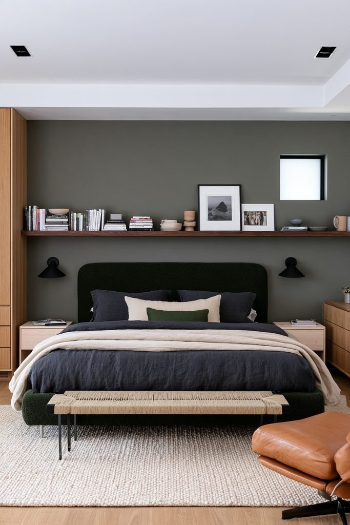 Scandinavian bedroom with natural oak floating shelves, books and ceramics, dusty green walls, and walnut furniture