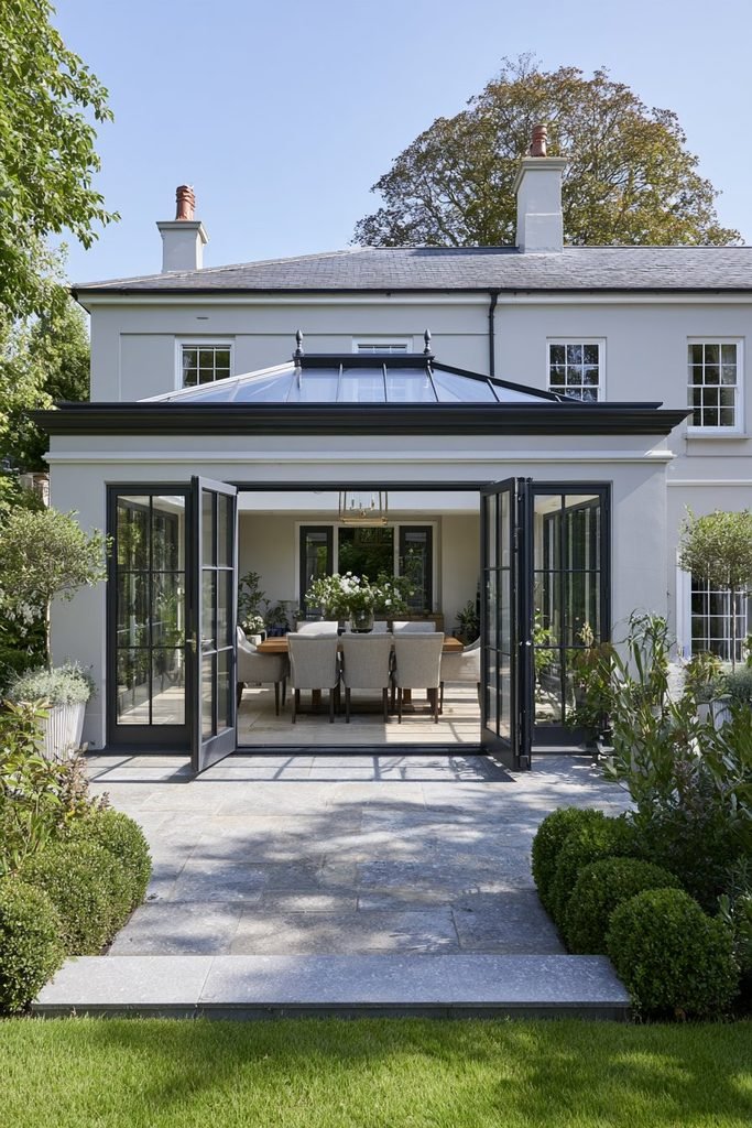 Orangery extension with French doors opening directly onto a landscaped rear garden.
