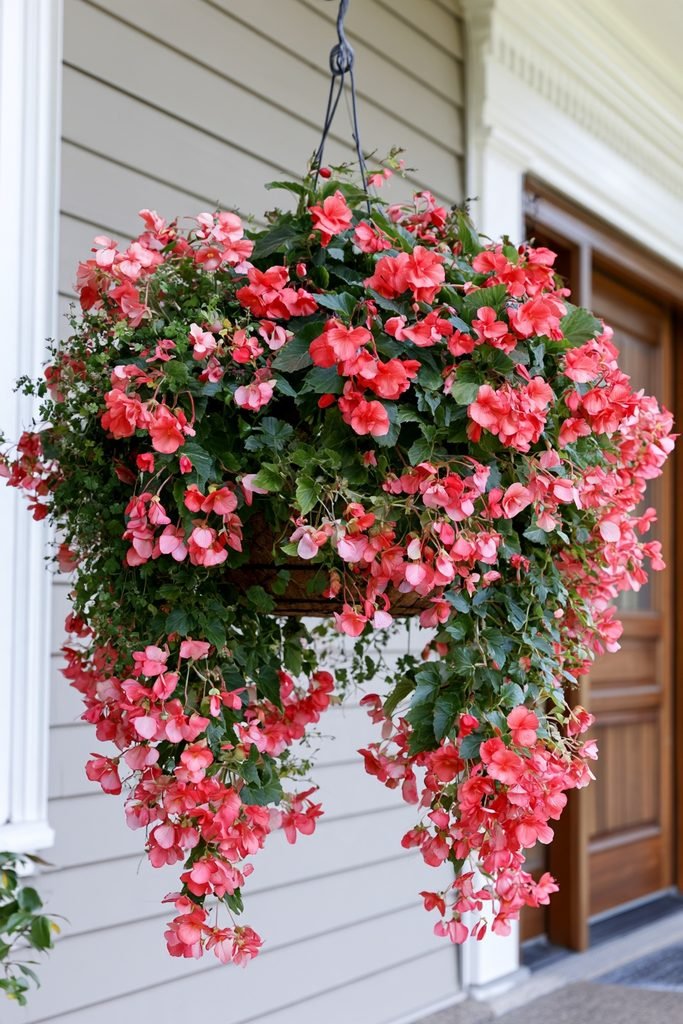 Late-season begonias with trailing foliage growing in a colorful fall hanging basket