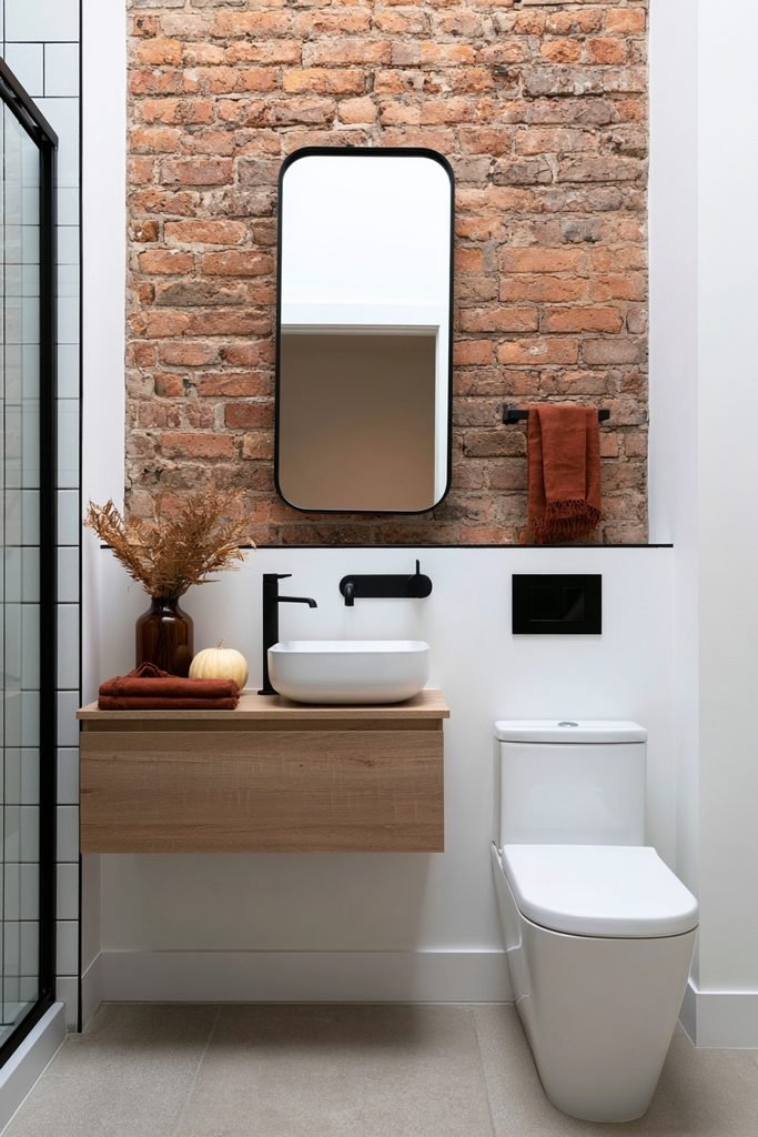 Small modern bathroom with matte black fixtures and subtle fall-colored accents