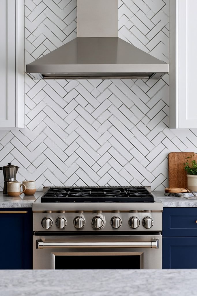 Contemporary kitchen featuring a herringbone tile backsplash pattern with realistic countertop decor and natural stone surfaces.