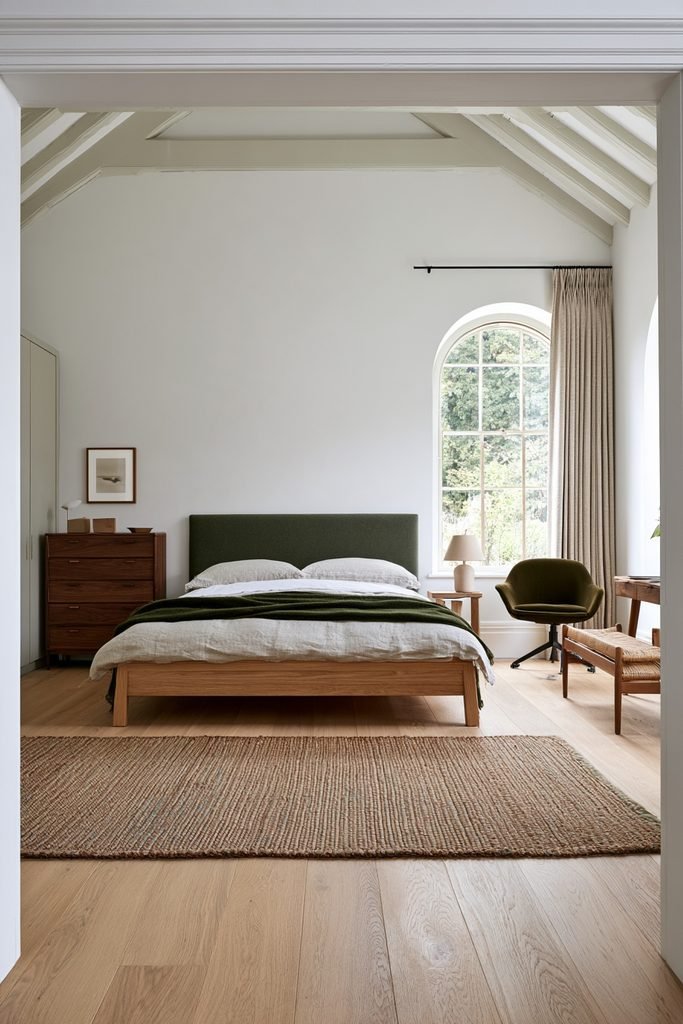 Scandinavian bedroom with muted sage green accent wall, oak bed, linen bedding, and natural wood furniture