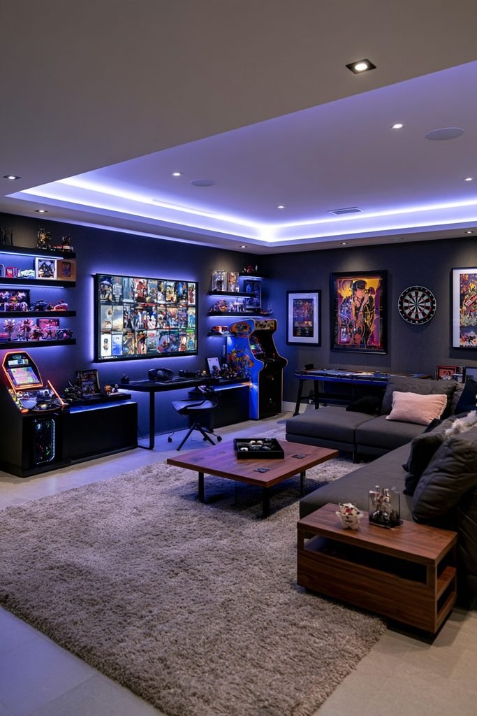 Contemporary home game room with colorful LED accent lighting, illuminated gaming display, arcade cabinet, sectional seating, dartboard, and gaming decor.