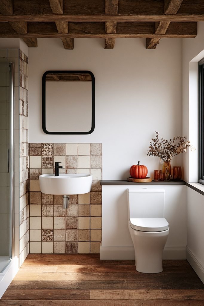 Small bathroom vanity decorated with one muted terracotta faux pumpkin for fall