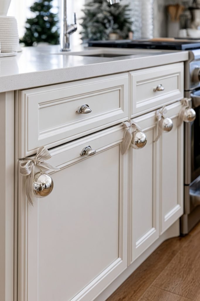 Christmas ornaments hanging from kitchen cabinet knobs with festive greenery