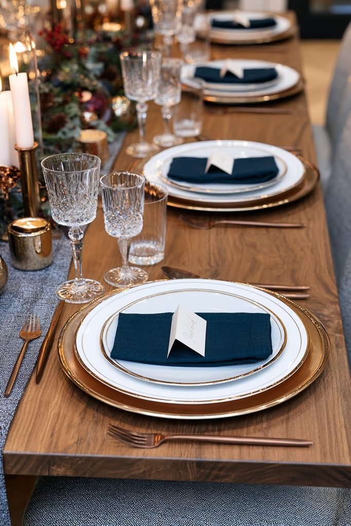 New Year's Eve dinner table with personalized place cards, colorful dishes, gold-rimmed plates, and candles
