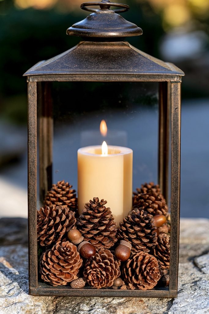 Outdoor porch lantern filled with pinecones and acorns for natural fall decor