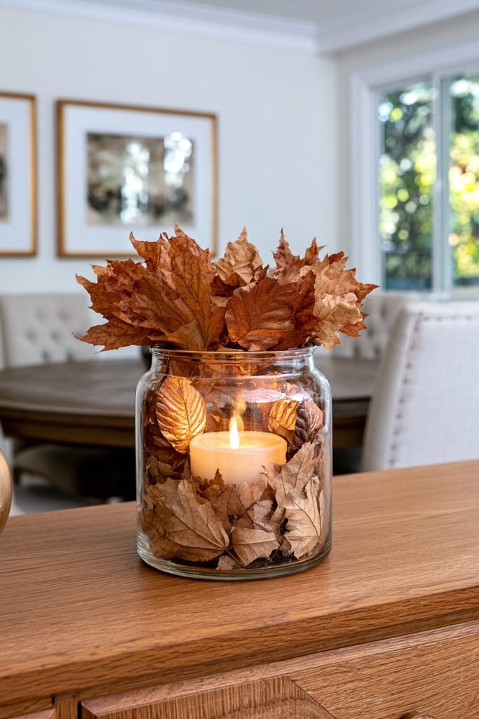DIY fall candle jars decorated with metallic gold copper and bronze leaves on a dining room buffet.