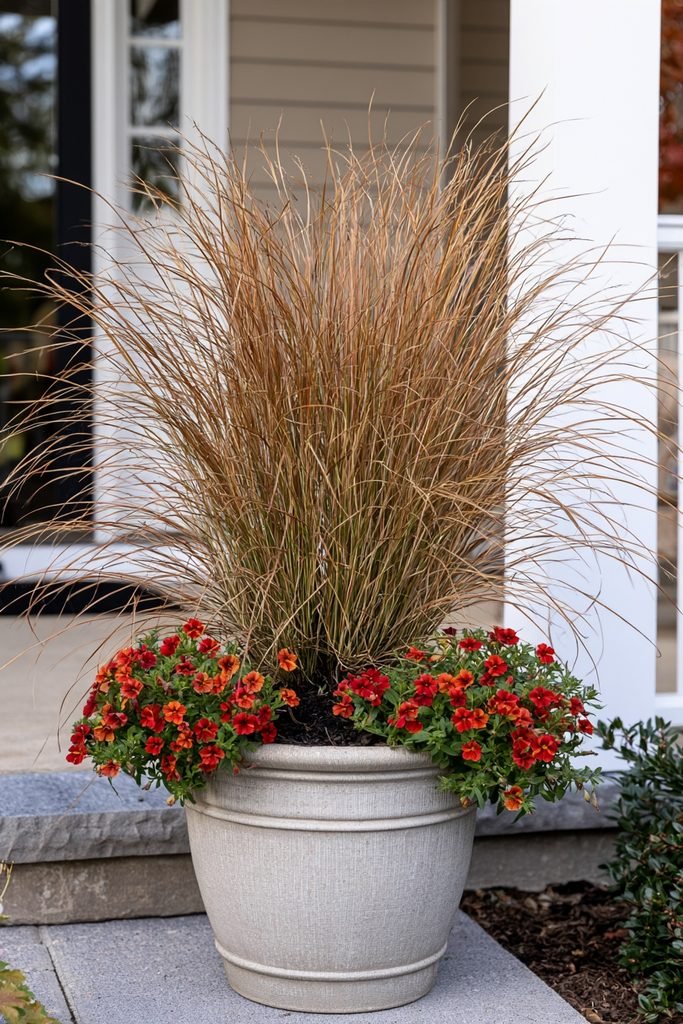Coppery Toffee Twist sedge paired with autumn calibrachoa in a large fall planter