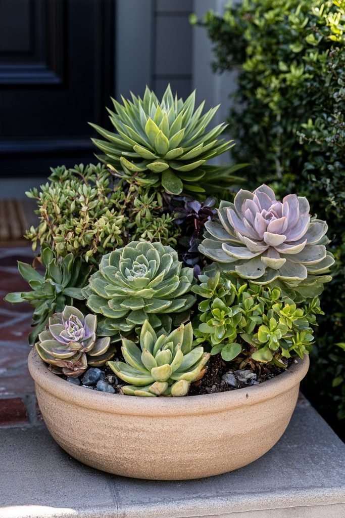 Low-maintenance fall container filled with assorted succulents on a sunny porch