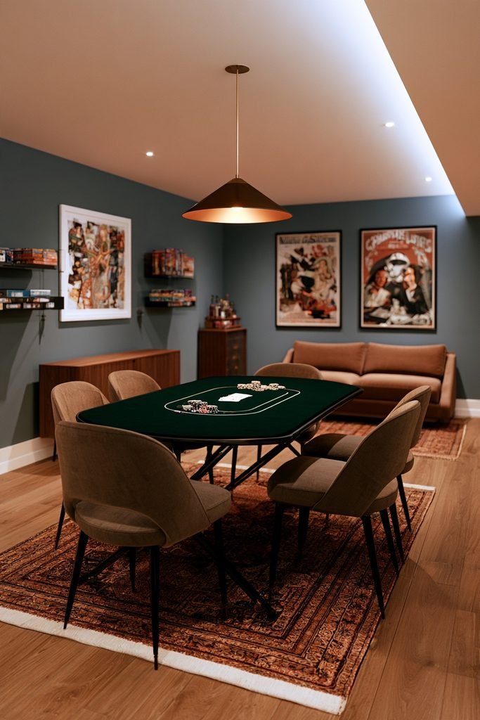 Cozy home game room with a felt-top card table, four modern chairs, gaming screen, arcade cabinet, dartboard, and contemporary gaming decor.