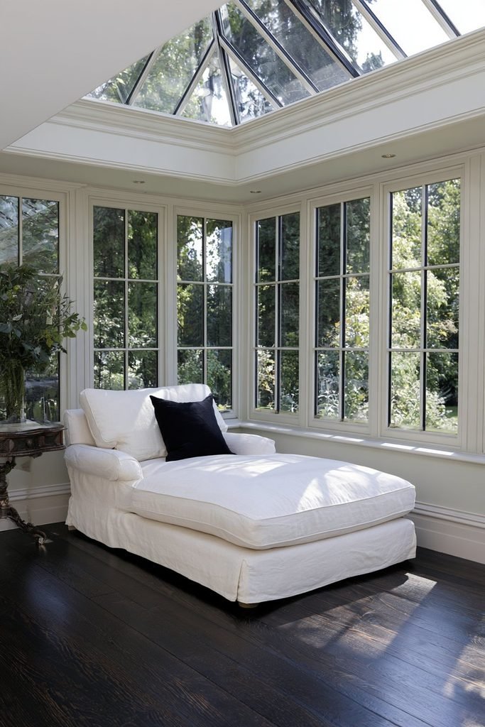 Elegant orangery with a cream chaise longue positioned beside bright garden-facing windows.