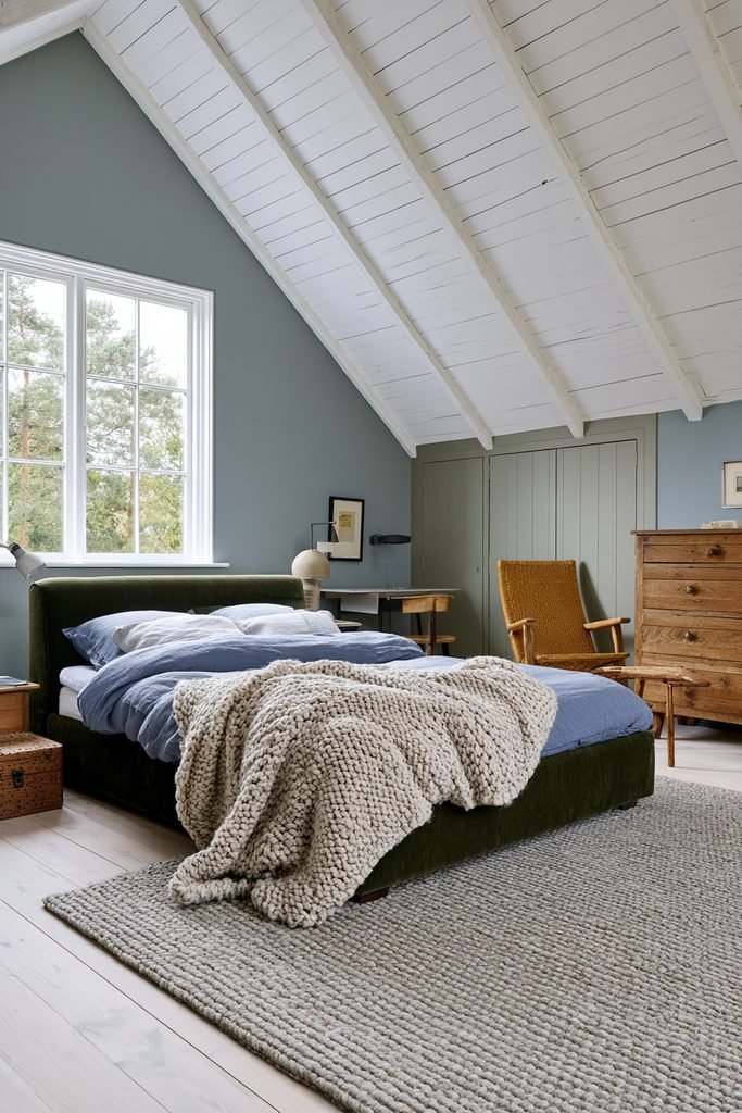 Cozy Scandinavian bedroom with chunky knit throw, clay-colored walls, pine furniture, and linen bedding