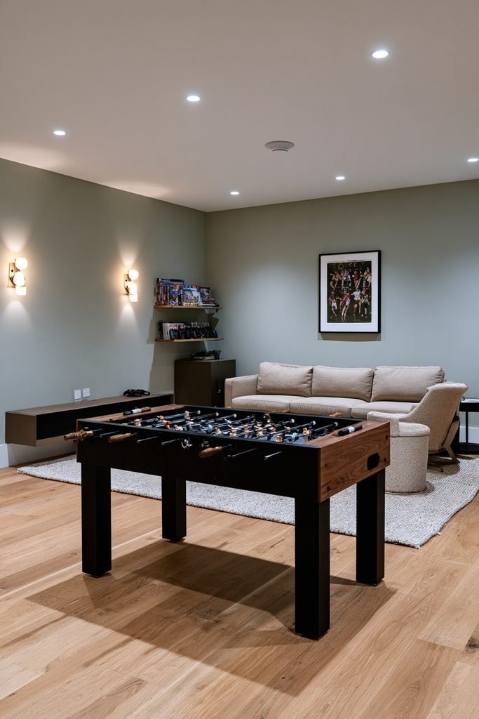 Small modern basement game room featuring a compact foosball table, arcade cabinet, dartboard, gaming sofa, and LED accent lighting.