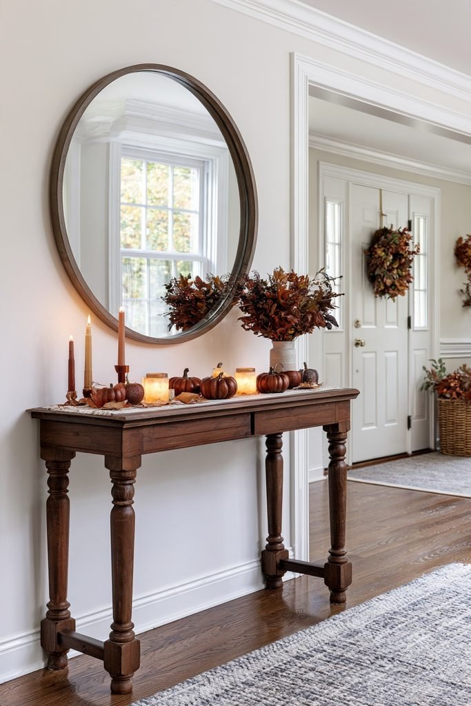 Modern Thanksgiving entryway console table styled with pumpkins, candles, dried foliage, and a simple autumn runner.